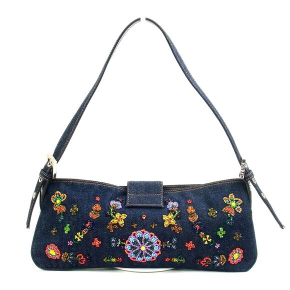 Authentic FENDI Mamma Denim Mini Baguette Floral Beaded Shoulder Bag Purse FF - Picture 2 of 7